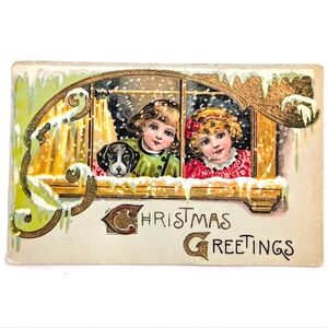 Antique Christmas Postcard Children Dog Snowy Window Gold Embossed Saxony